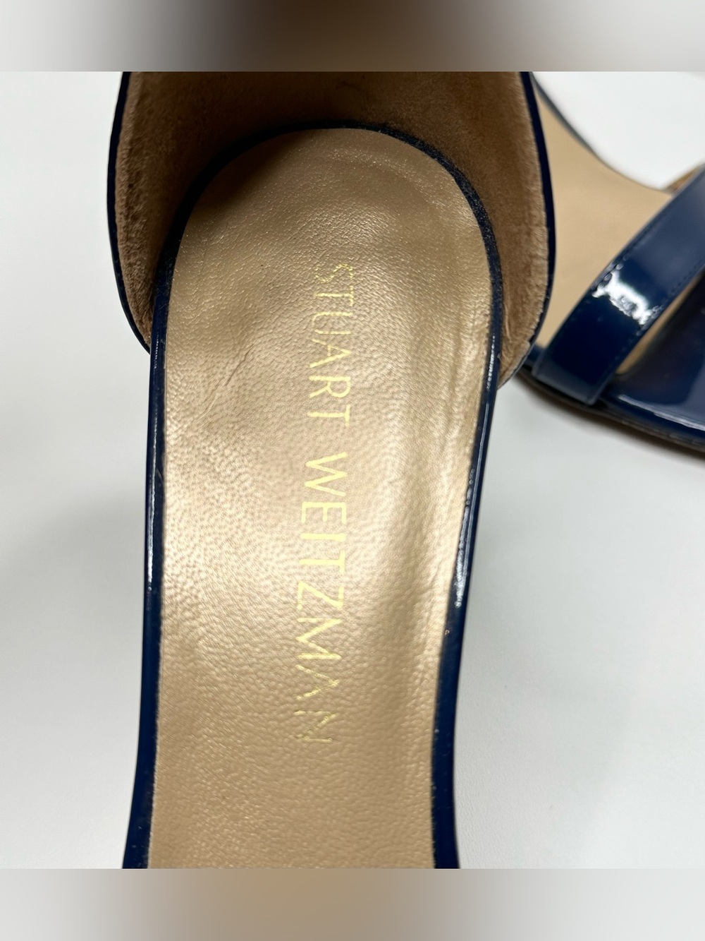 Stuart Weitzman Navy Blue Patent Leather Nudist Curve Heels Shoes Sandal - Picture 8 of 12